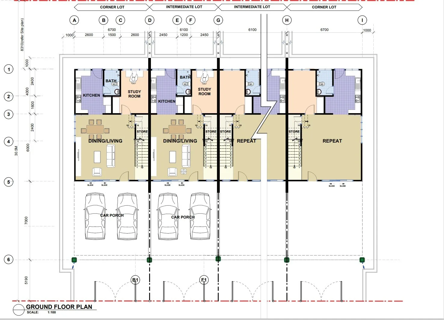 Furnished ground-floor plan of a terrace row: kitchen, bath, study room, dining and living, and the car porch, from the developer’s brochure at Prima Sumundu, Penampang, Sabah