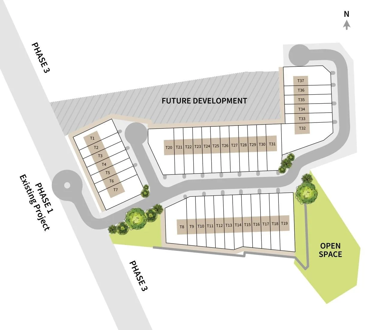 Phase 3 site plan: lots T1 to T37, the open space and the existing Phase 1, from the developer’s brochure at Prima Sumundu, Penampang, Sabah