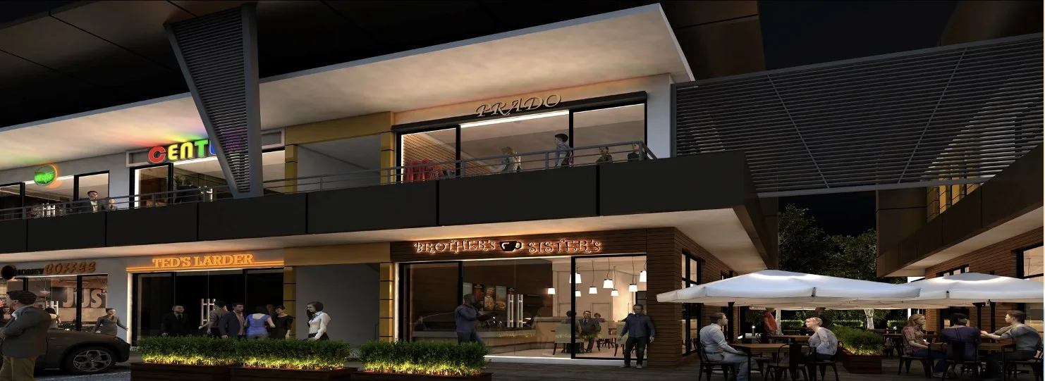 Artist’s impression of the Plaza Kivatu shop offices at night; the shop names shown are illustrative, from the developer’s brochure at Prima Sumundu, Penampang, Sabah