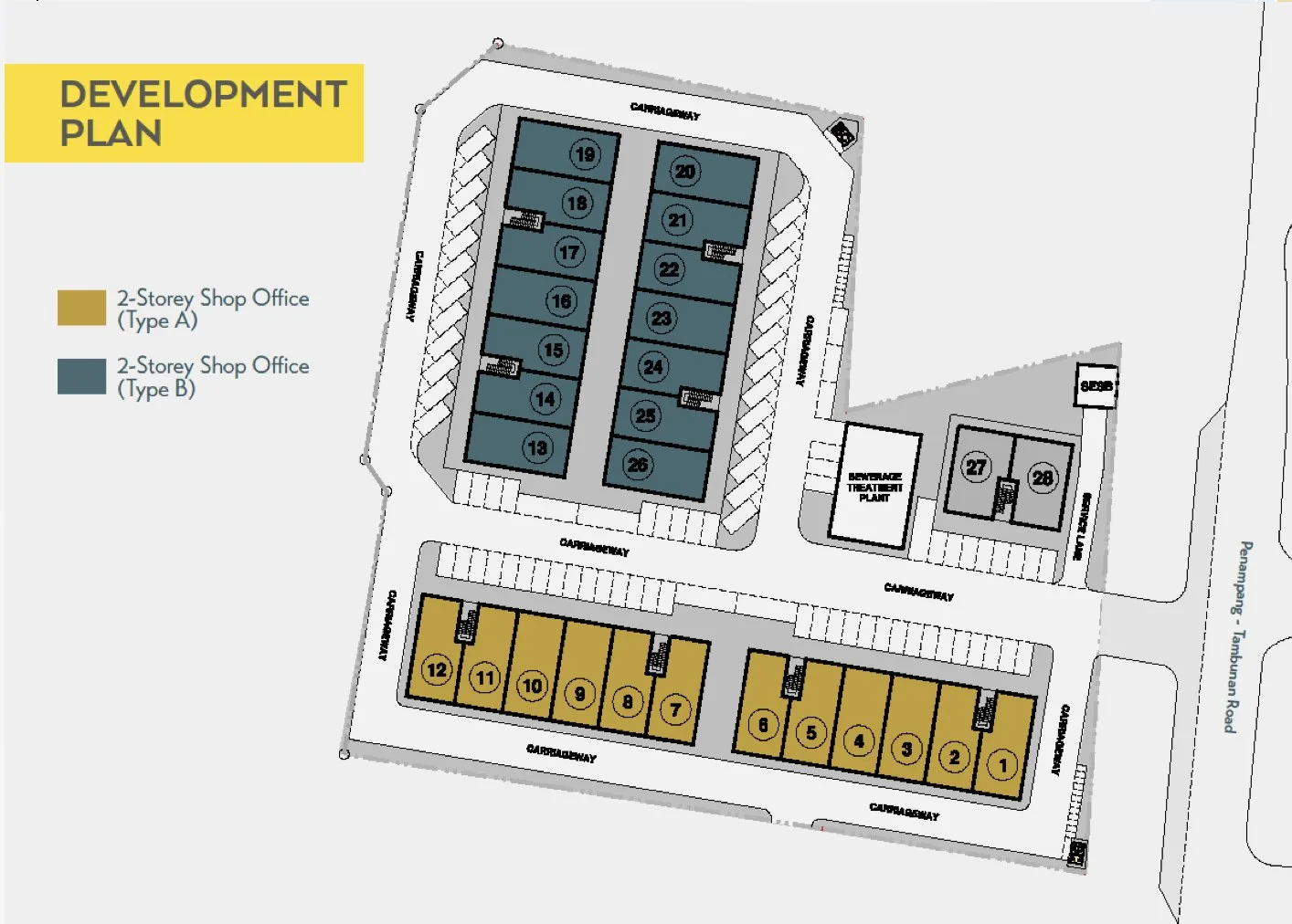 Plaza Kivatu development plan showing Type A units 1 to 12 and Type B units 13 to 28 at Prima Sumundu, Penampang, Sabah