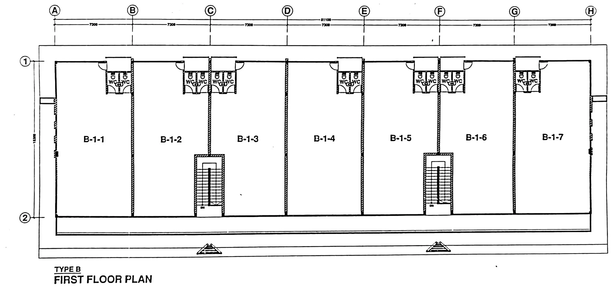 Plaza Kivatu Type B block: first-floor plan, with two shared staircases and a front corridor, from the developer’s drawings at Prima Sumundu, Penampang, Sabah