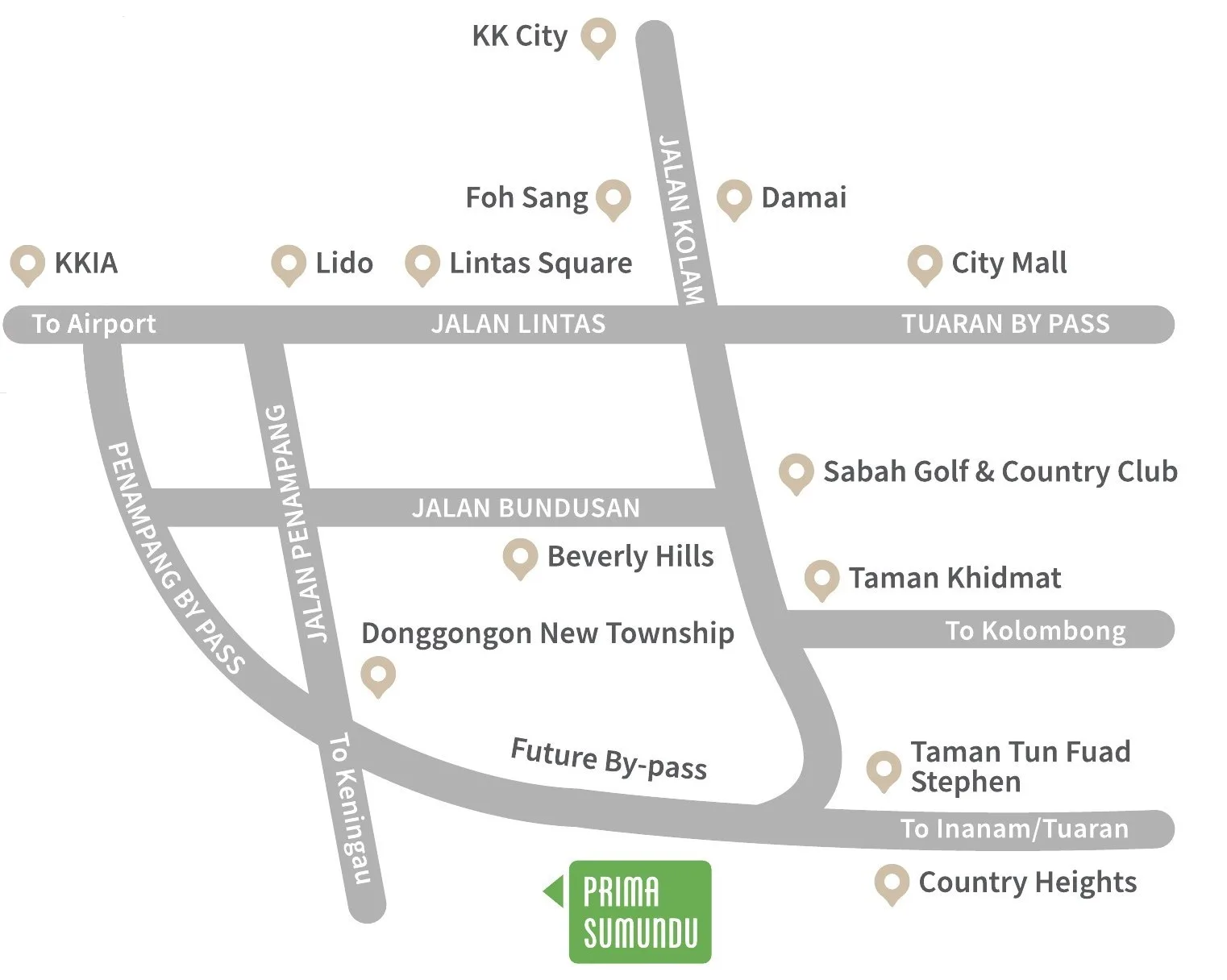 Developer location map: Jalan Penampang, the Penampang by-pass, Jalan Bundusan, Donggongon New Township and the future by-pass at Prima Sumundu, Penampang, Sabah