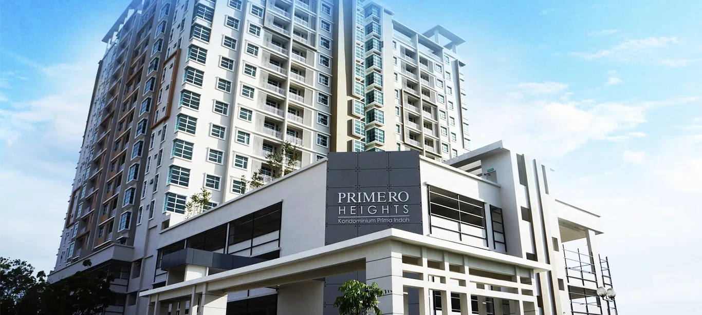 Primero Heights completed tower and podium with the Primero Heights sign, Seberang Jaya, Penang