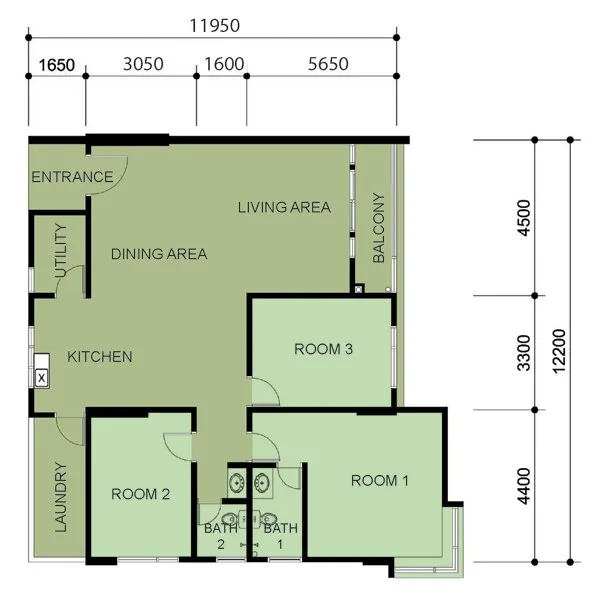 Primero Heights Type A floor plan with three rooms and two bathrooms, Seberang Jaya, Penang