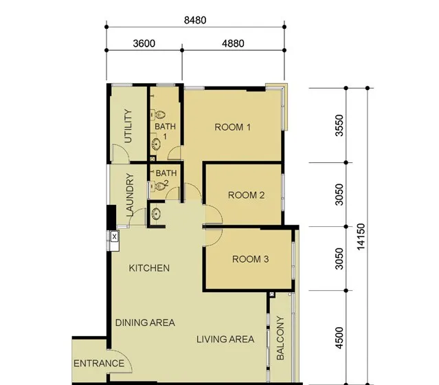 Primero Heights Type B floor plan with three rooms and two bathrooms, Seberang Jaya, Penang
