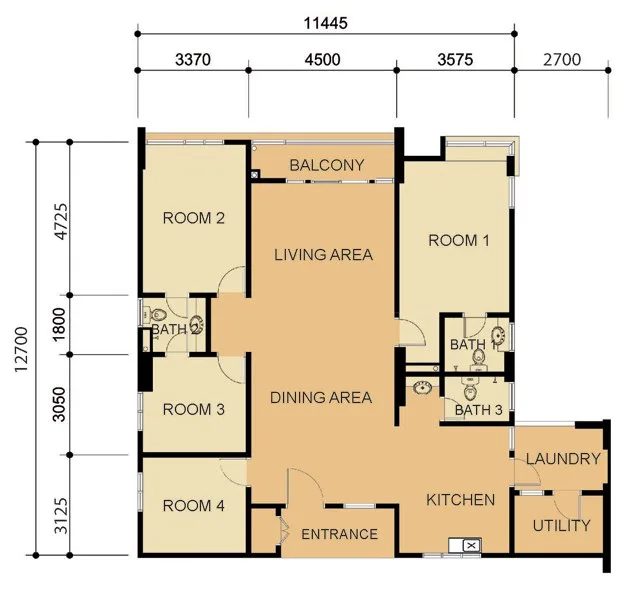 Primero Heights Type C floor plan with four rooms and three bathrooms, Seberang Jaya, Penang