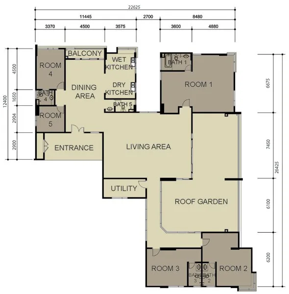 Primero Heights Type D floor plan with five rooms, five bathrooms and a roof garden, Seberang Jaya, Penang