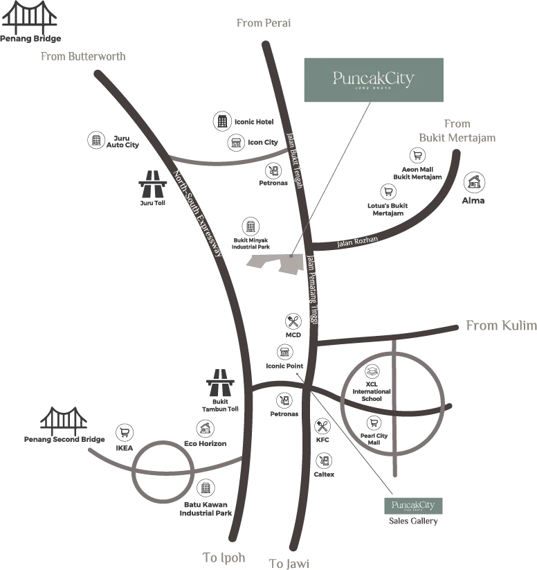 PuncakCity 发展商官网位置栏目中的地图,槟城 Juru South