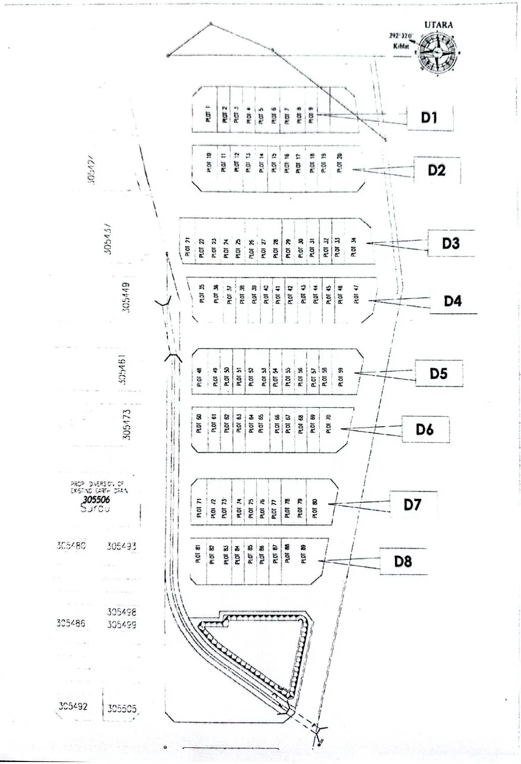 Site plan of the double-storey terrace blocks D1 to D8 at Pusing Lestari, Pusing, Perak