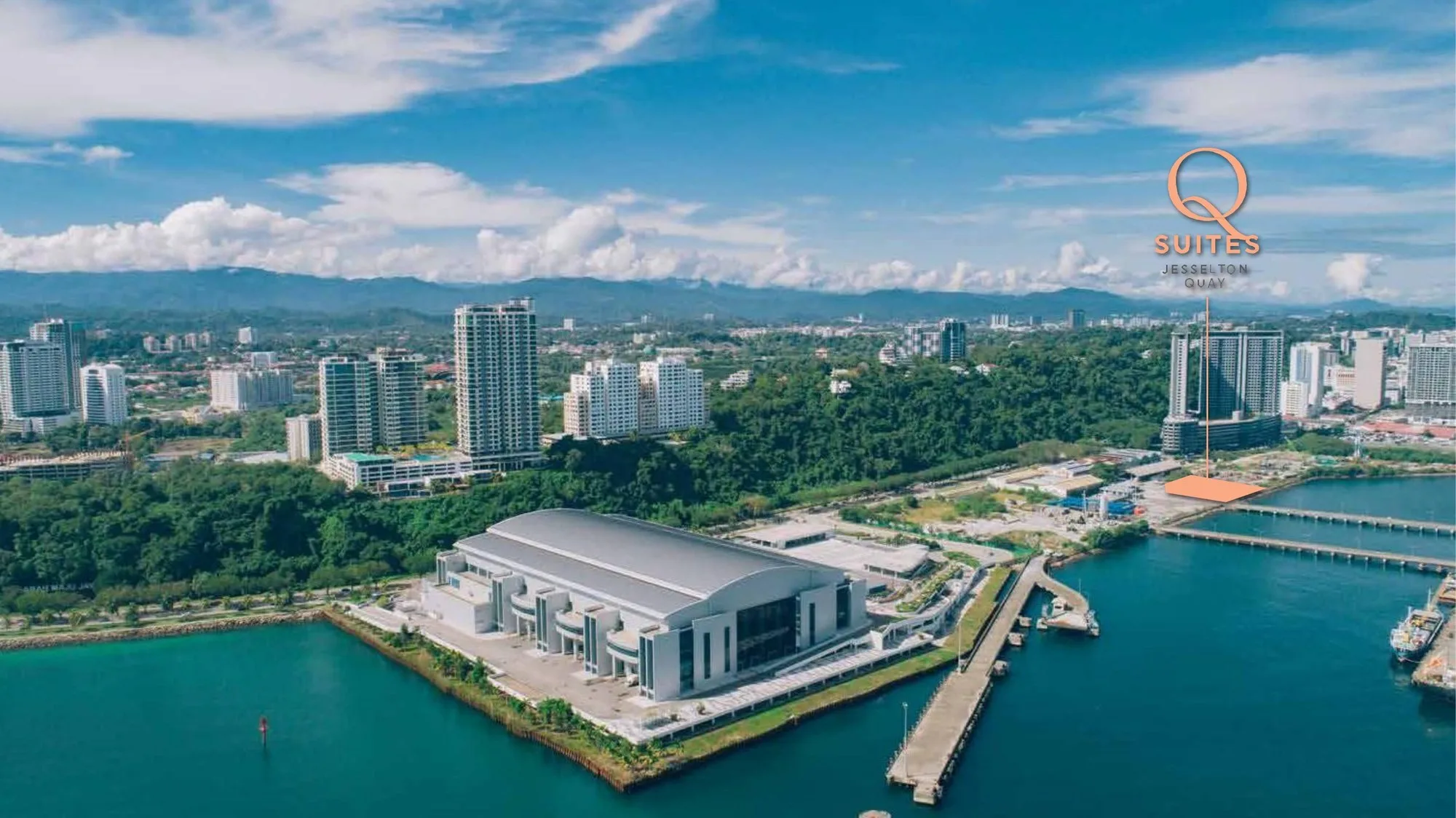 Aerial photo with the Q Suites site marked in orange, the convention centre in the foreground, from the developer’s presentation (undated) at Q Suites @ Jesselton Quay, Jalan Tun Fuad Stephens, Kota Kinabalu, Sabah