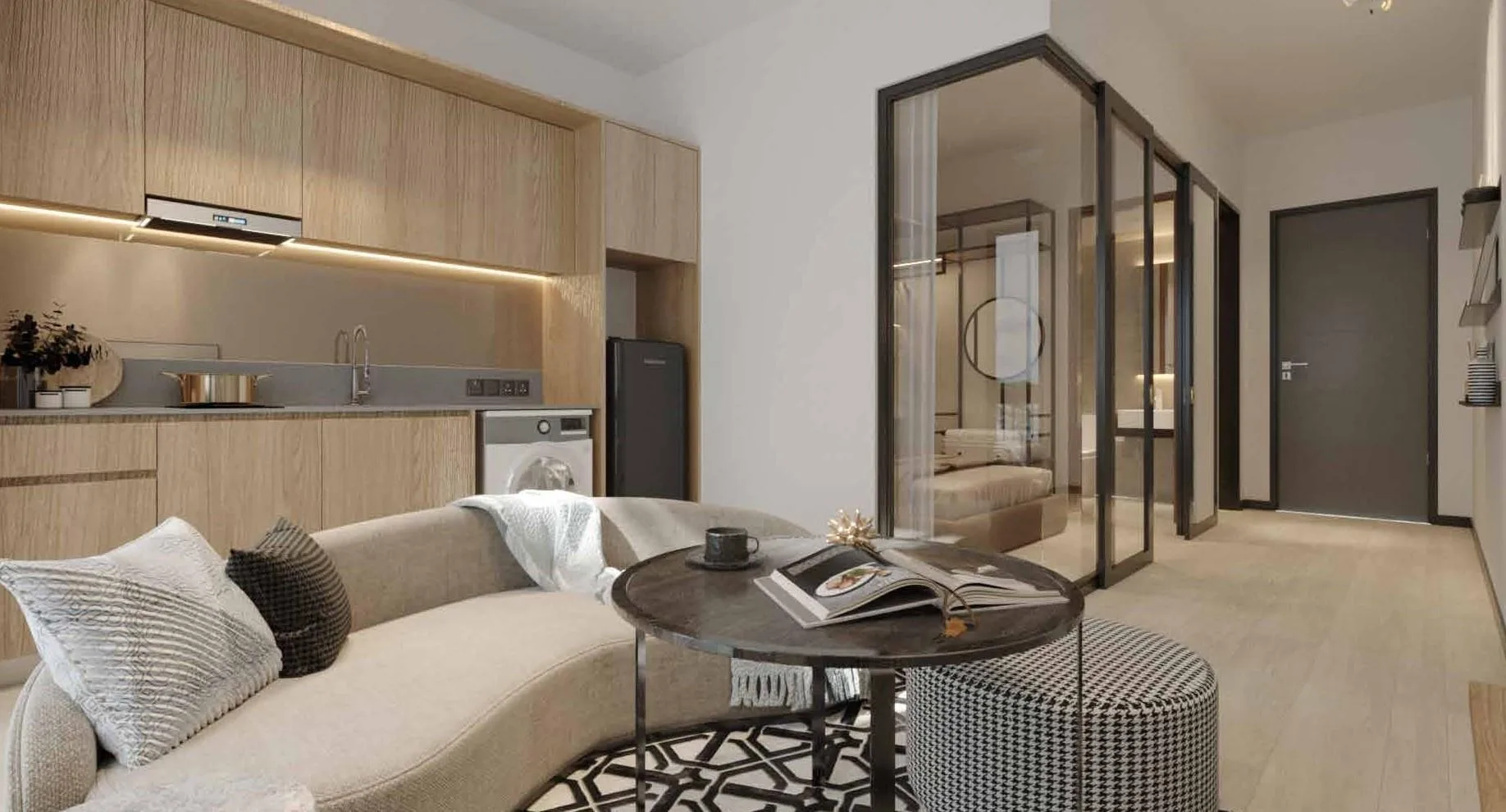 Artist’s impression of a Type A interior: living area, pantry and the bedroom behind sliding glass doors, from the developer’s presentation at Q Suites @ Jesselton Quay, Jalan Tun Fuad Stephens, Kota Kinabalu, Sabah