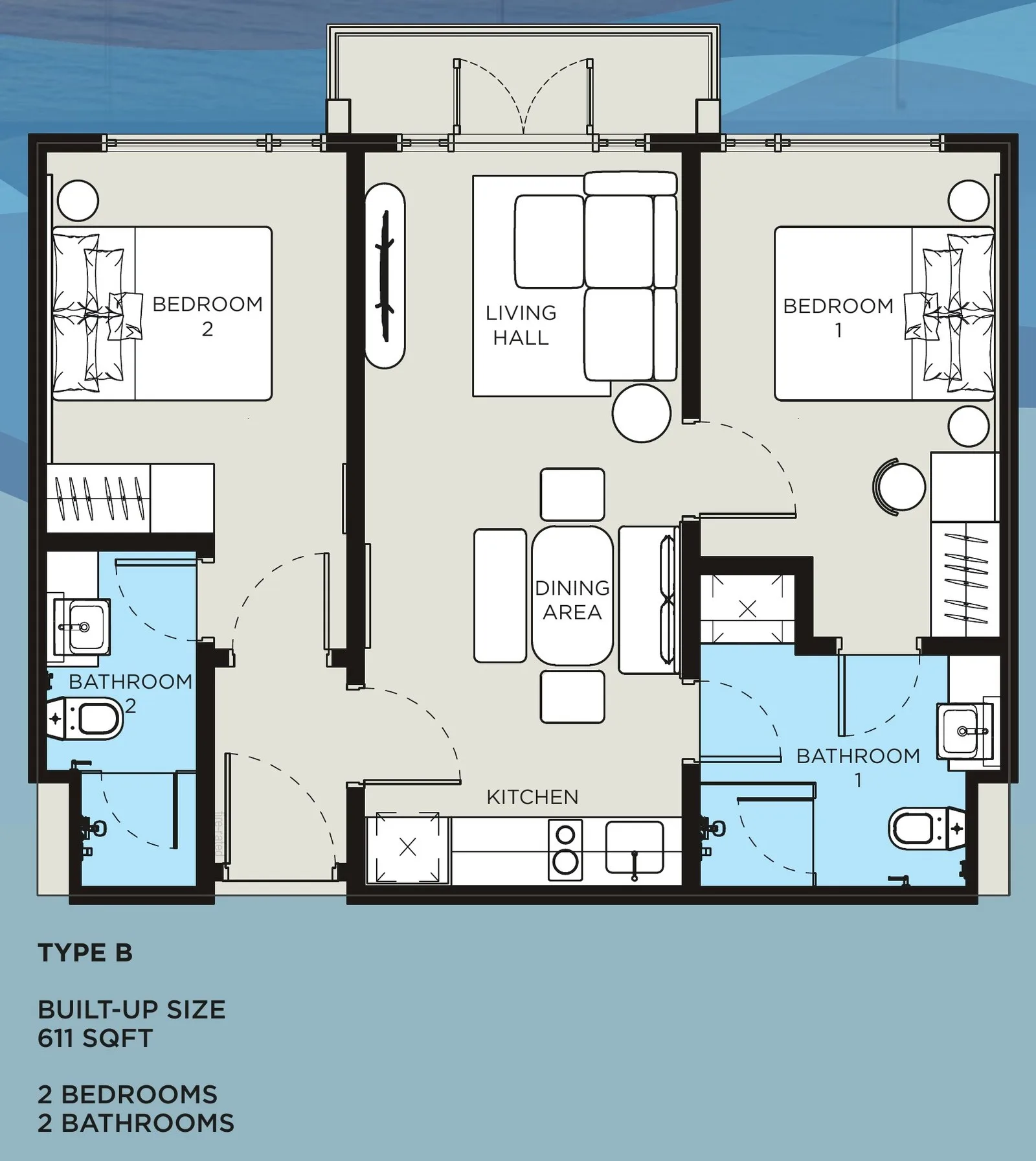 Type B dual-key floor plan 611 sq ft, 2 bedrooms 2 bathrooms at Q Suites @ Jesselton Quay, Jalan Tun Fuad Stephens, Kota Kinabalu, Sabah