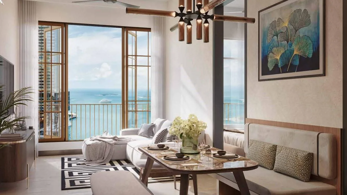 Artist’s impression of a Type B interior: living and dining area with the balcony, from the developer’s presentation at Q Suites @ Jesselton Quay, Jalan Tun Fuad Stephens, Kota Kinabalu, Sabah