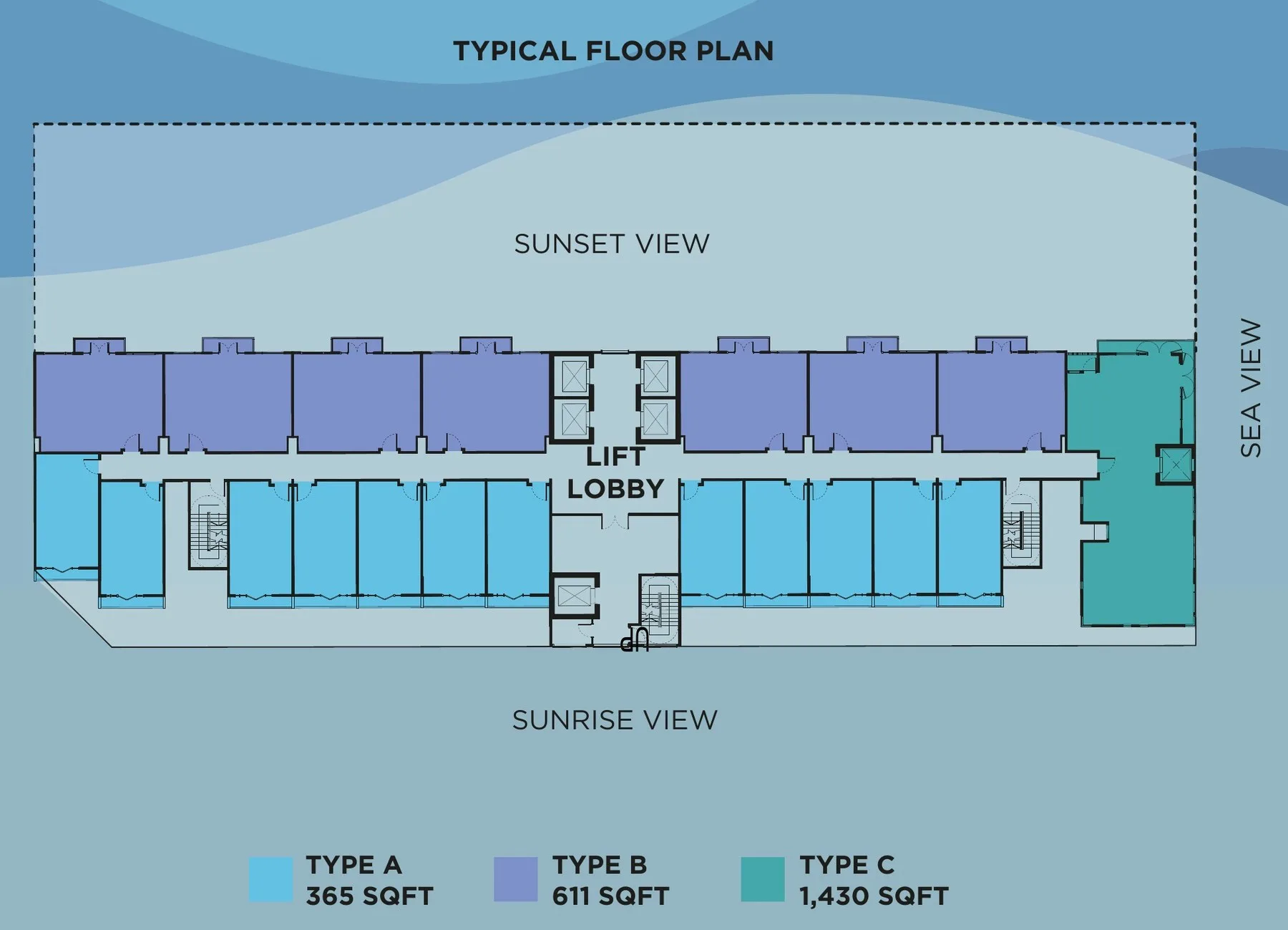 Q Suites typical floor plan showing Type A, Type B and Type C 1,430 sq ft at Q Suites @ Jesselton Quay, Jalan Tun Fuad Stephens, Kota Kinabalu, Sabah