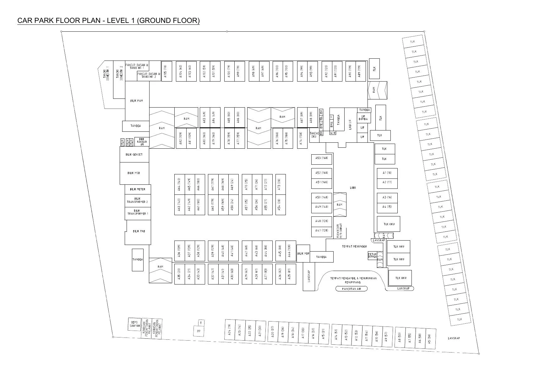 Level 1 (ground floor) car park plan of Raffles 188 condominium by Raffles World Sdn Bhd, Ipoh, Perak