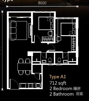 Floor plan of Type A1, 712 sq ft, 2 bedrooms 2 bathrooms, at Raffles 188 by Raffles World Sdn Bhd, Ipoh, Perak