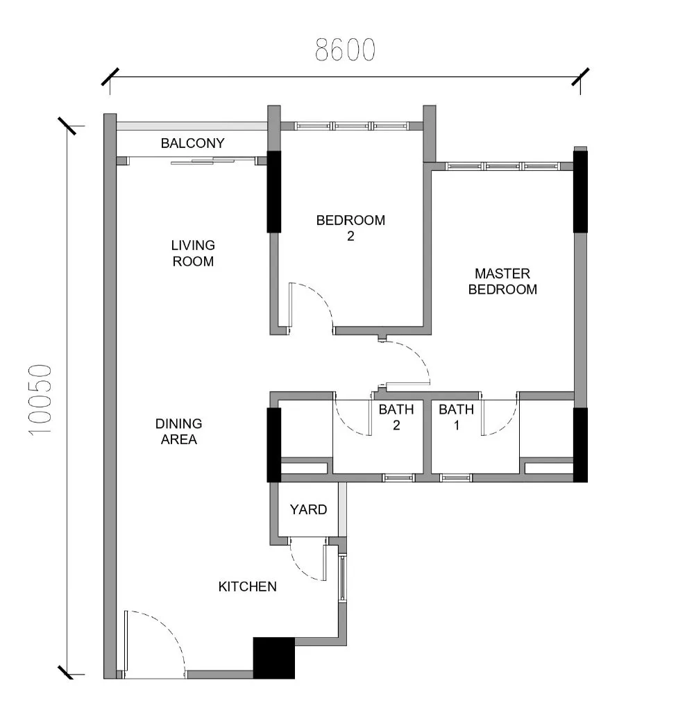Floor plan of Type A2, a two-bedroom two-bathroom unit 8.60 m wide and 10.05 m deep, at Raffles 188 condominium by Raffles World Sdn Bhd, Jalan Kelab Golf, Ipoh, Perak