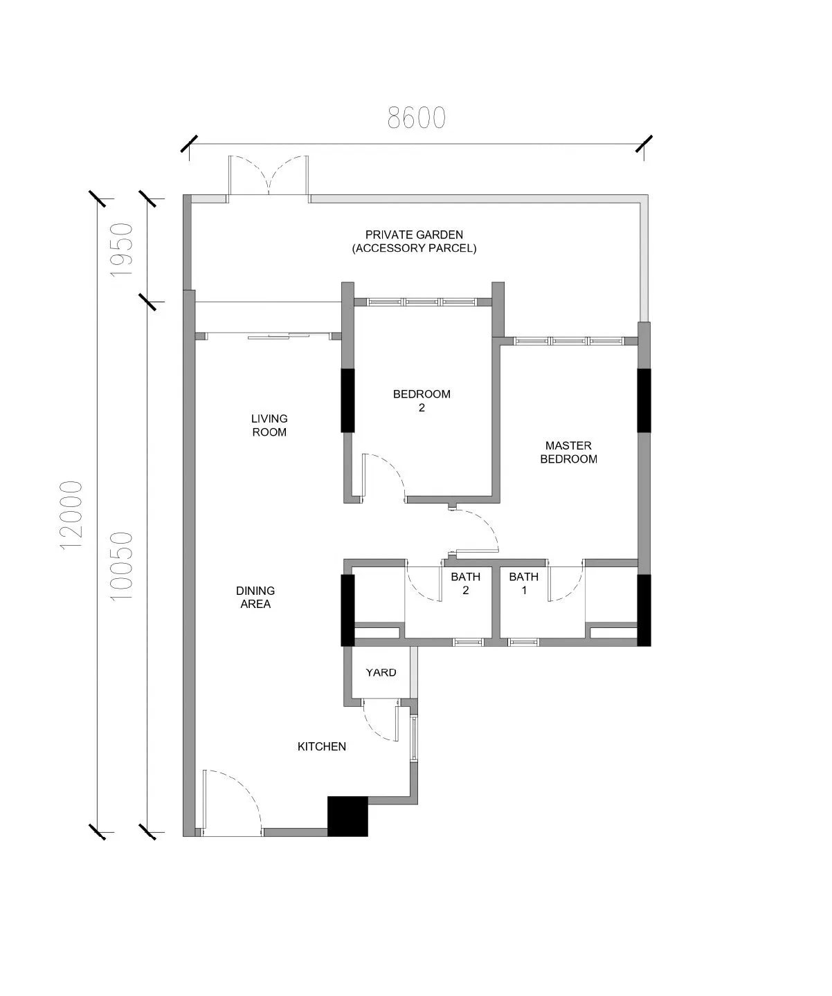 Floor plan of a two-bedroom garden unit with private garden accessory parcel at Raffles 188, Ipoh, Perak