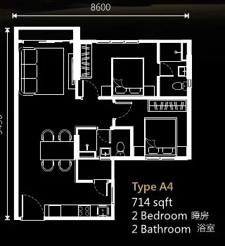 Floor plan of Type A4, 714 sq ft, 2 bedrooms 2 bathrooms, at Raffles 188 by Raffles World Sdn Bhd, Ipoh, Perak