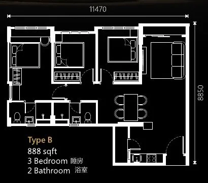 Floor plan of Type B, 888 sq ft, 3 bedrooms 2 bathrooms, at Raffles 188 by Raffles World Sdn Bhd, Ipoh, Perak