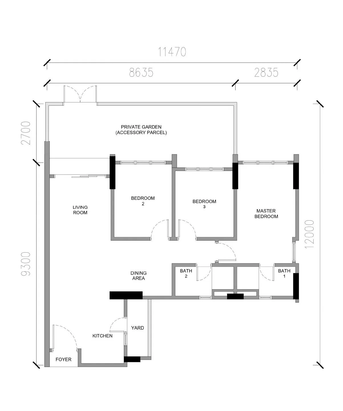 Floor plan of the three-bedroom garden unit with private garden accessory parcel at Raffles 188, Ipoh, Perak