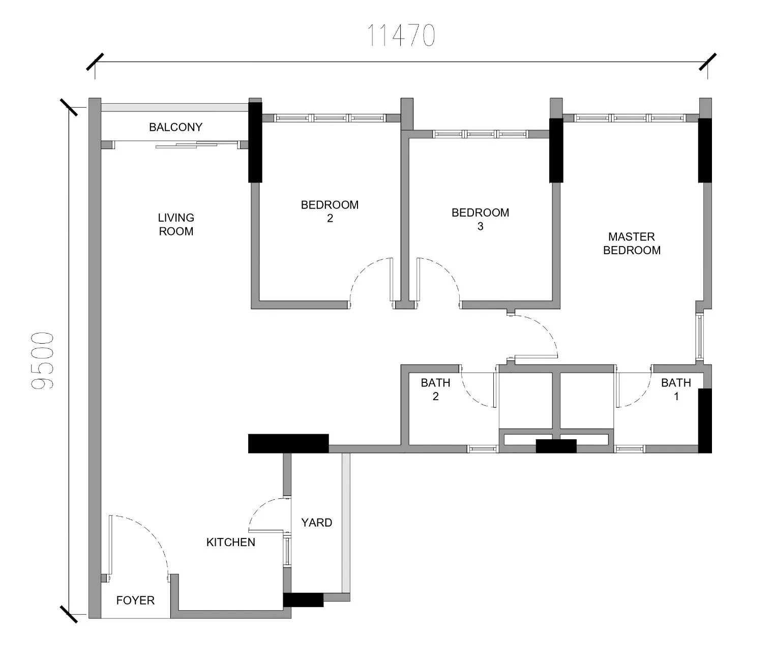 Floor plan of Type B5, a three-bedroom two-bathroom unit 11.47 m wide and 9.50 m deep, at Raffles 188 condominium by Raffles World Sdn Bhd, Jalan Kelab Golf, Ipoh, Perak