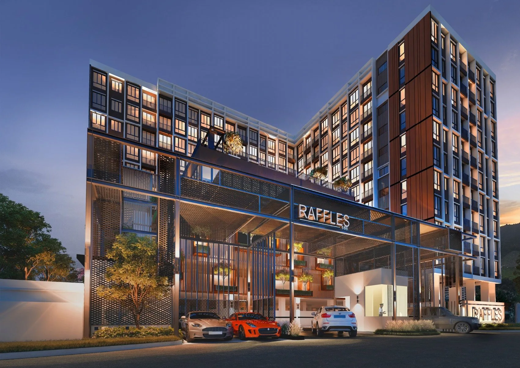 Night view of the Raffles 188 condominium tower and drop-off entrance by Raffles World Sdn Bhd (KBY Group), Jalan Kelab Golf, Tiger Lane, Ipoh, Perak