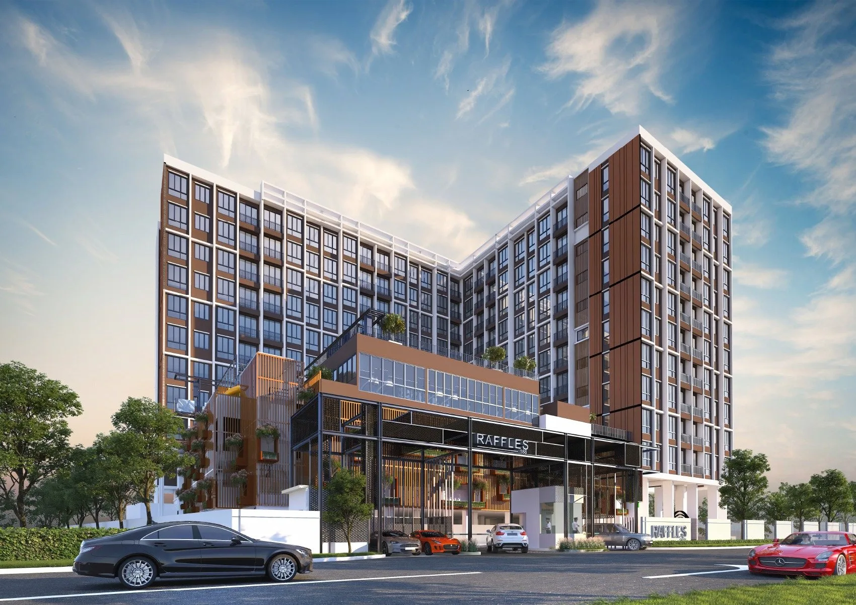 Daytime exterior of the 12-storey L-shaped Raffles 188 condominium by Raffles World Sdn Bhd, Jalan Kelab Golf, Tiger Lane, Ipoh, Perak
