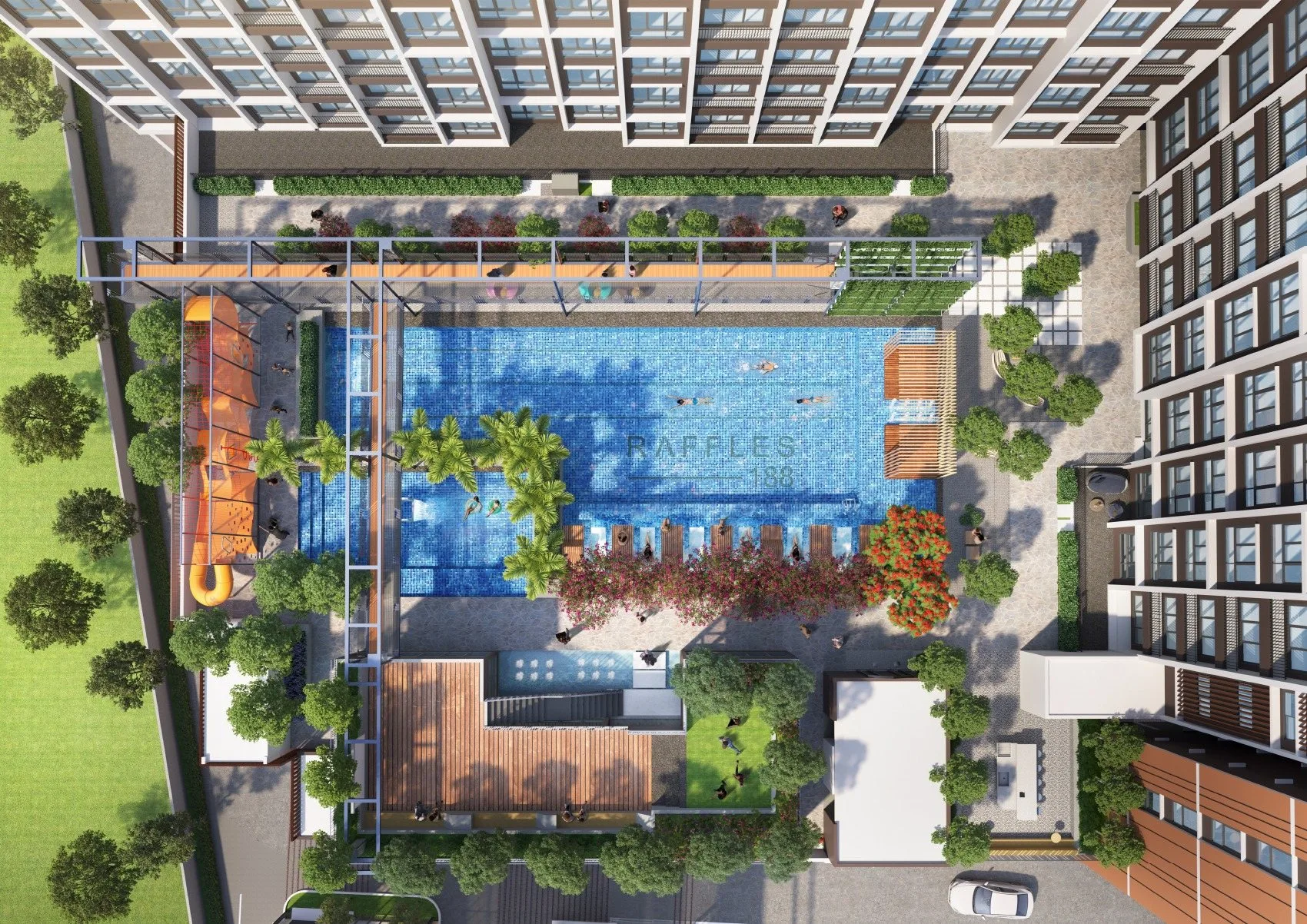 Aerial view of the facilities deck with lap pool and gardens at Raffles 188 by Raffles World Sdn Bhd, Ipoh, Perak