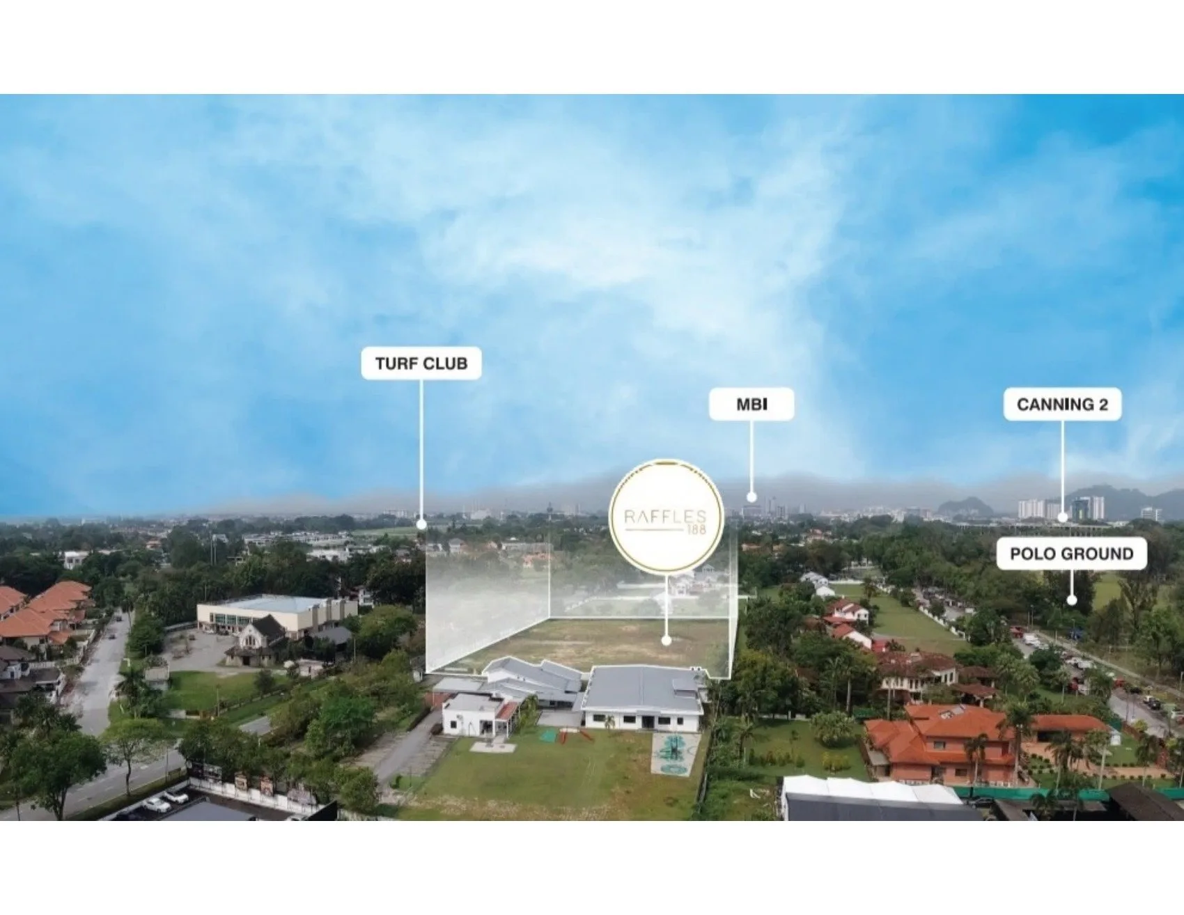 Aerial location view of the Raffles 188 site near Perak Turf Club, Majlis Bandaraya Ipoh and the Polo Ground, Ipoh, Perak