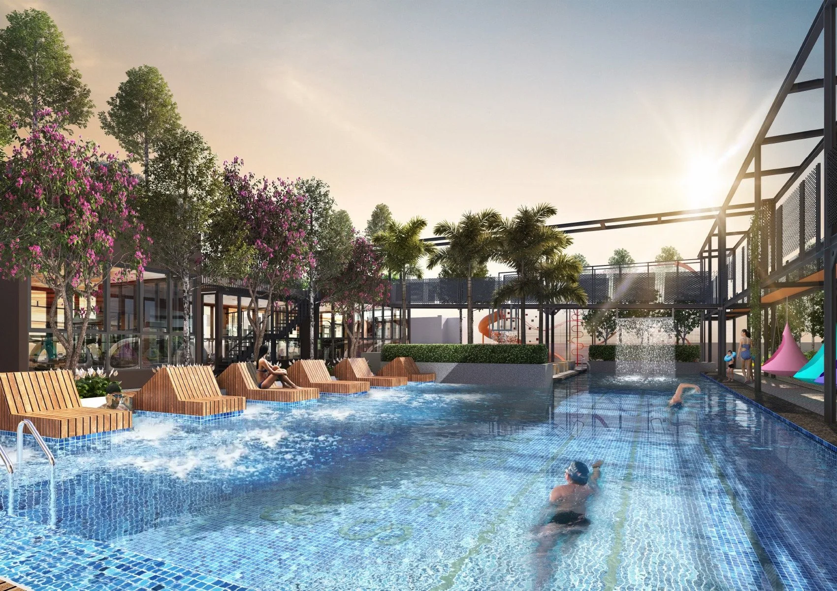 Lap pool with sun loungers on the facilities deck of Raffles 188 condominium, Tiger Lane, Ipoh, Perak