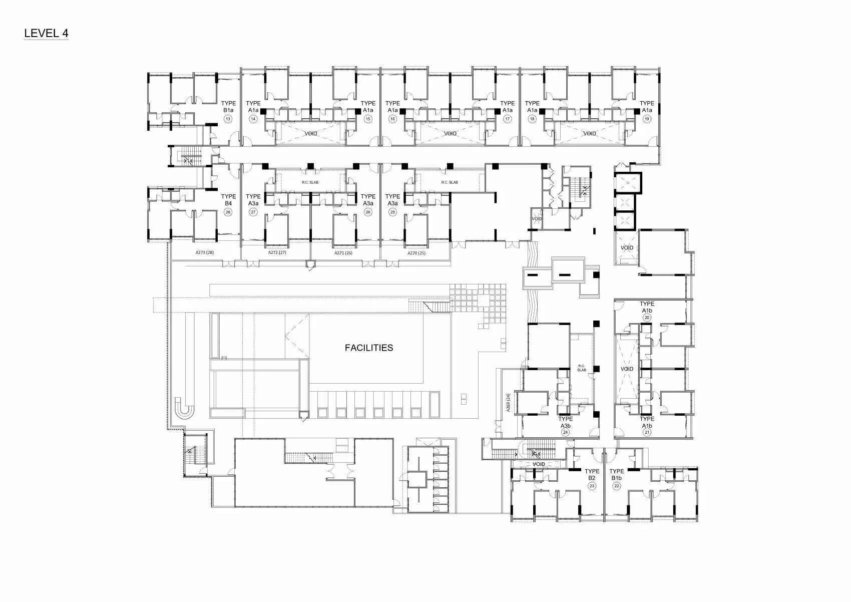 Level 4 site plan of Raffles 188 showing the facilities deck and unit layout types, by Raffles World Sdn Bhd, Ipoh, Perak