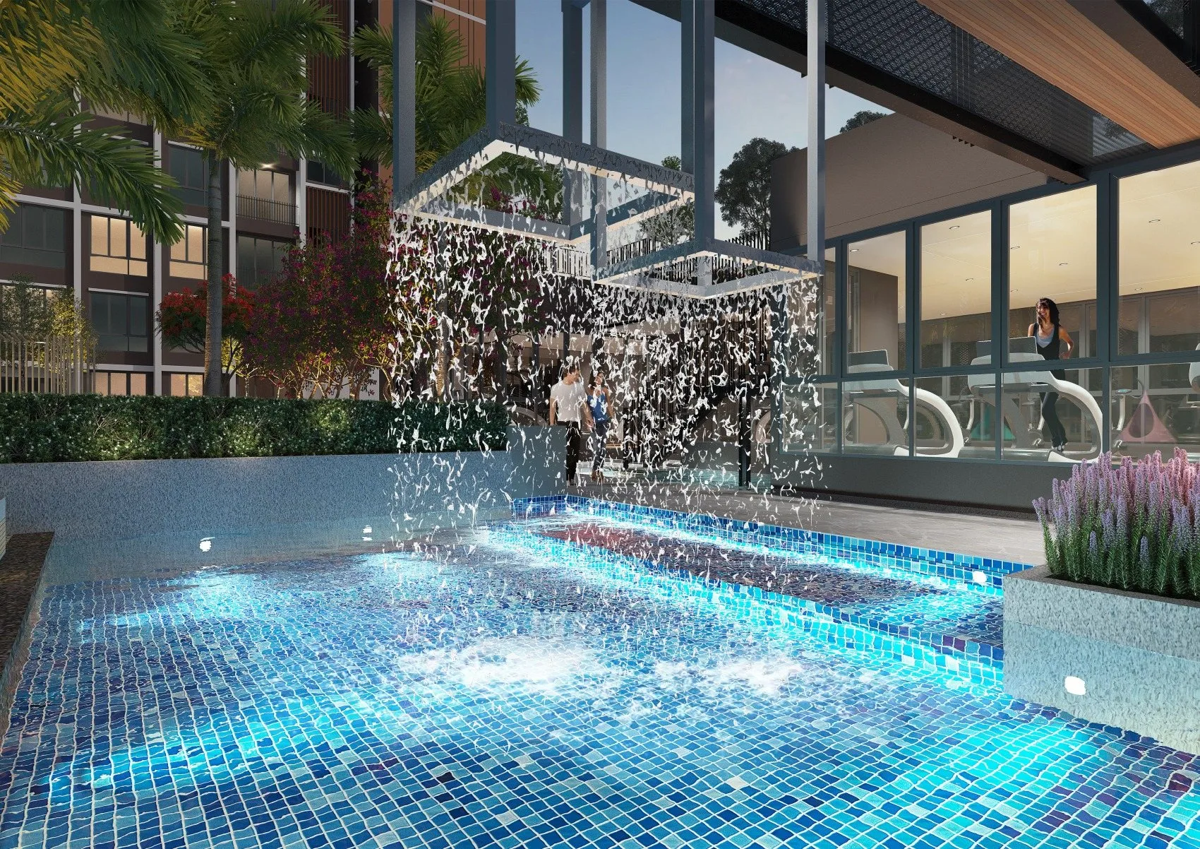 Water feature and gym frontage on the facilities deck of Raffles 188 by Raffles World Sdn Bhd, Ipoh, Perak