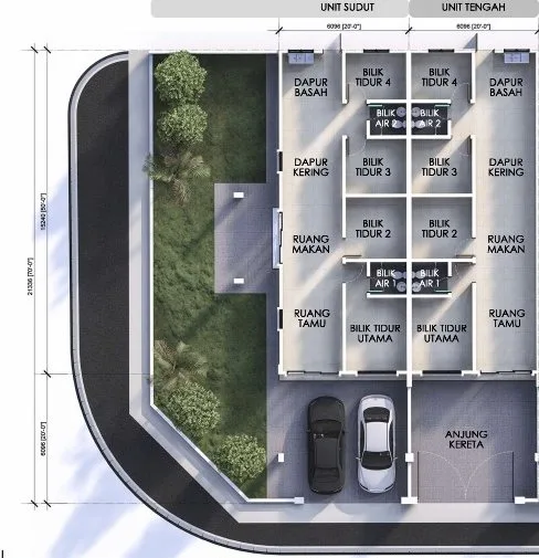 Floor plan of the single-storey terrace house (corner and intermediate unit), 20 x 70 ft lot, Raia Saujana III, Simpang Pulai, Ipoh