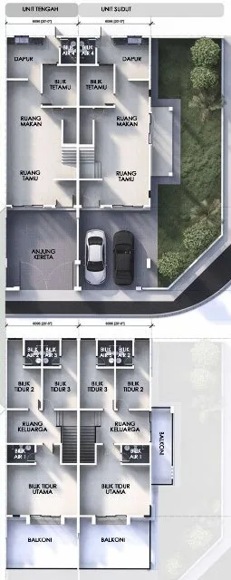 Ground and first floor plans of the double-storey terrace house, 20 x 70 ft lot, Raia Saujana III, Simpang Pulai, Ipoh
