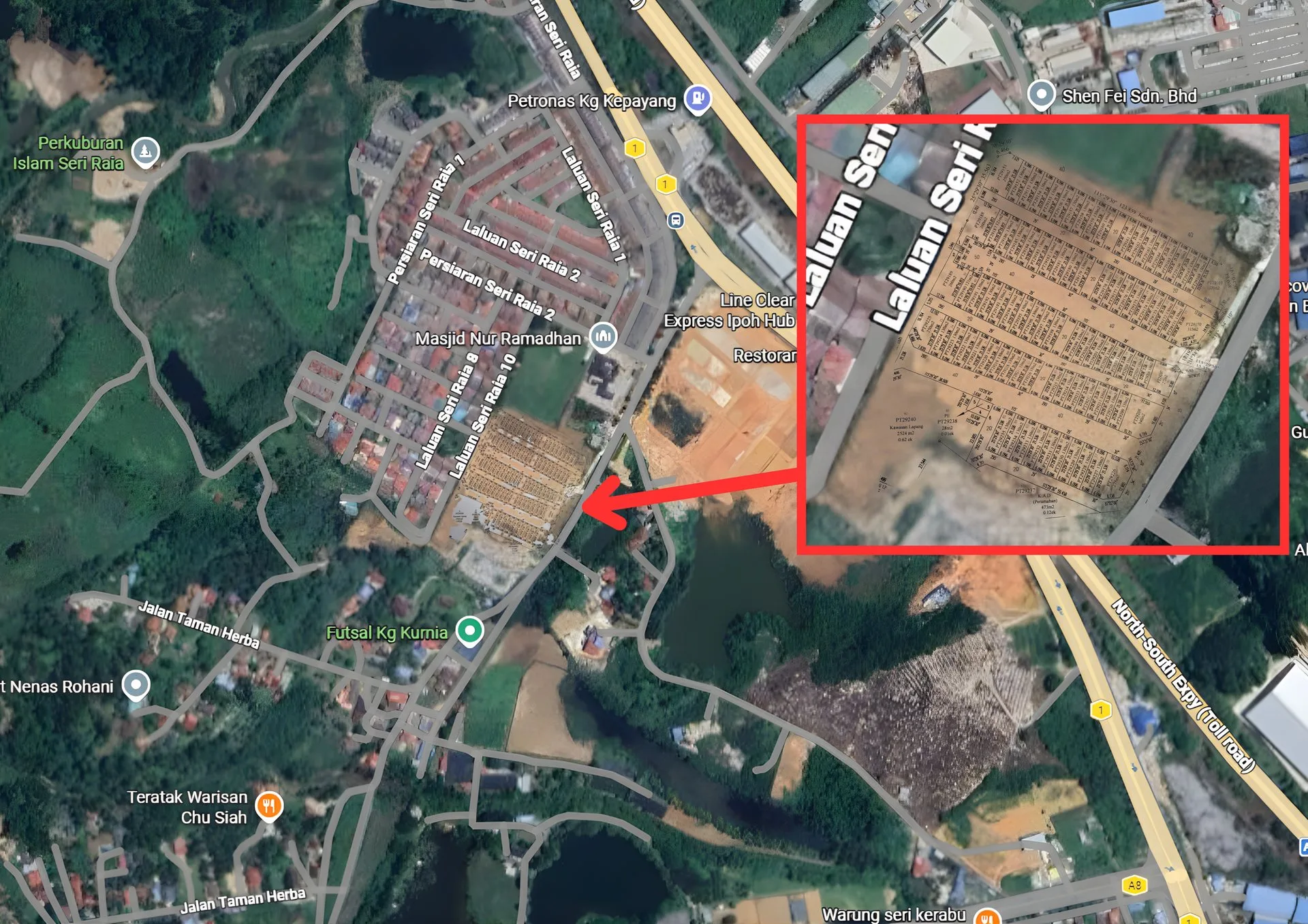 Location map of Raia Saujana III beside Taman Seri Raia and Federal Route 1, Kampung Kepayang, Simpang Pulai, Ipoh