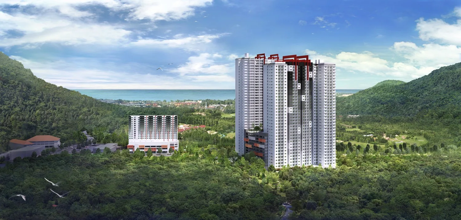 Ramah Pavilion aerial artist's impression with the hills and the sea behind, Teluk Kumbar, Penang