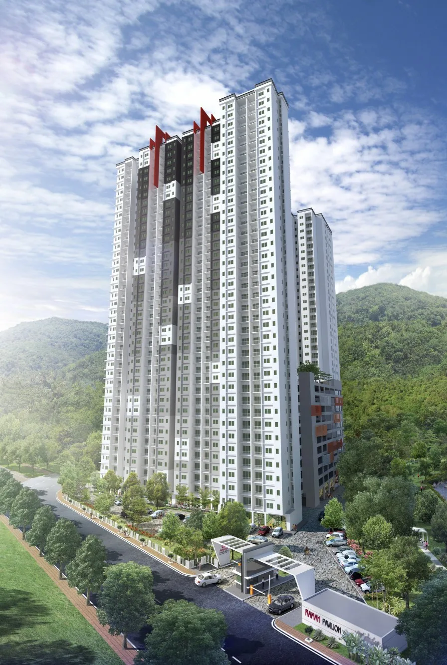 Ramah Pavilion Block A artist's impression with the guardhouse entrance, Teluk Kumbar, Penang