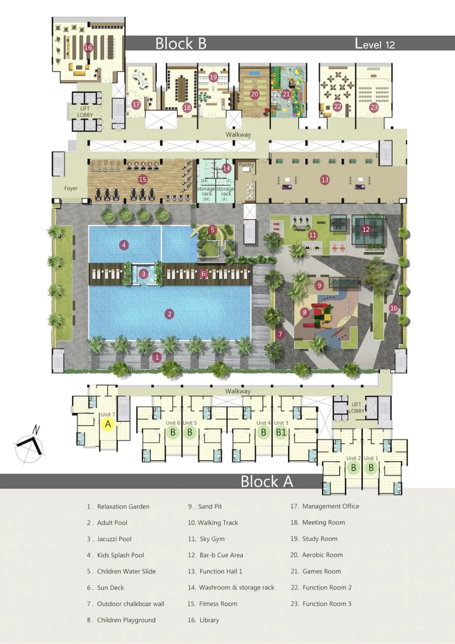 Ramah Pavilion Level 12 facilities plan showing the pools, sky gym, playground and function rooms between Block A and Block B, Teluk Kumbar, Penang