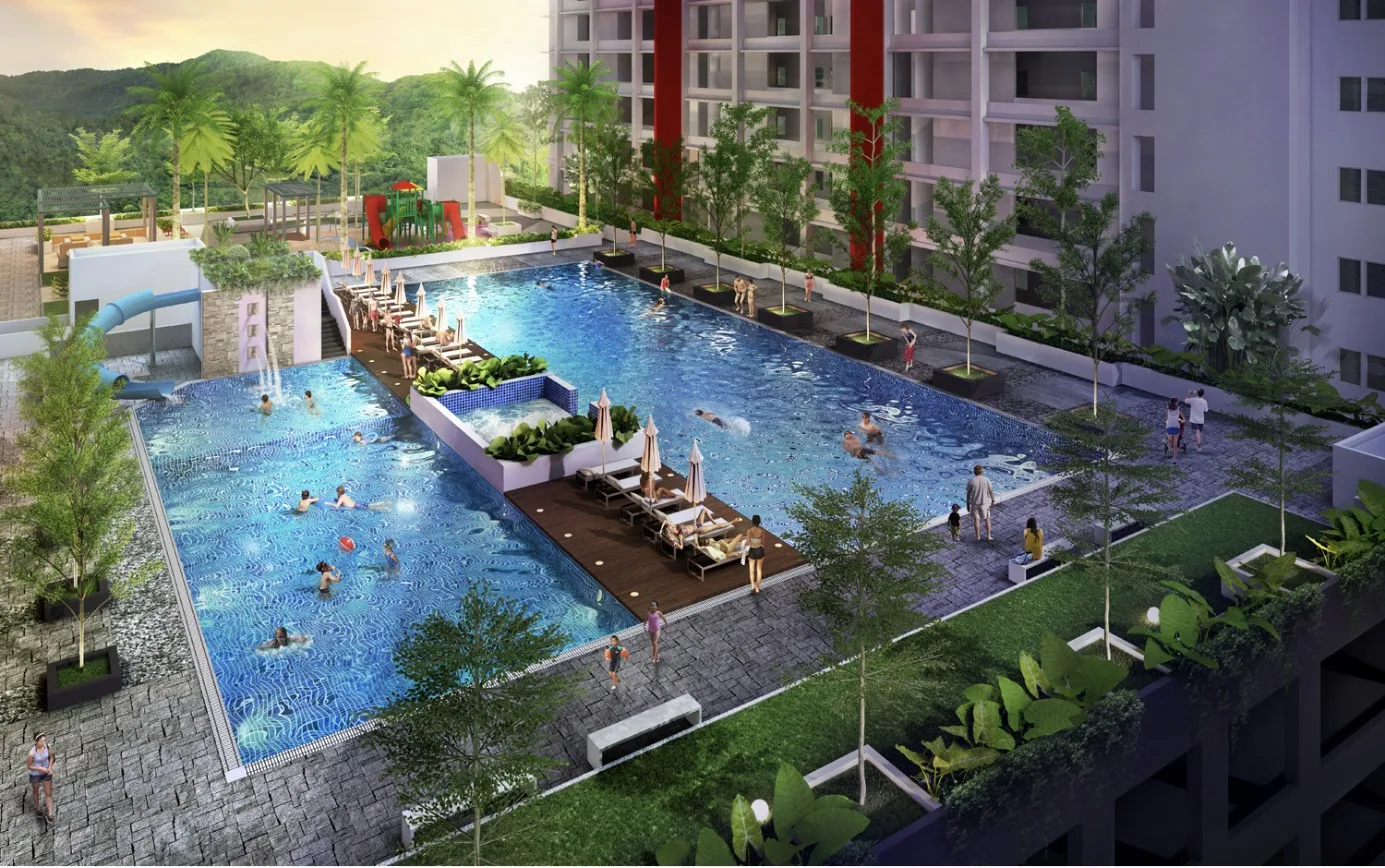 Ramah Pavilion pool deck artist's impression with adult pool, kids' pool and water slide, Teluk Kumbar, Penang
