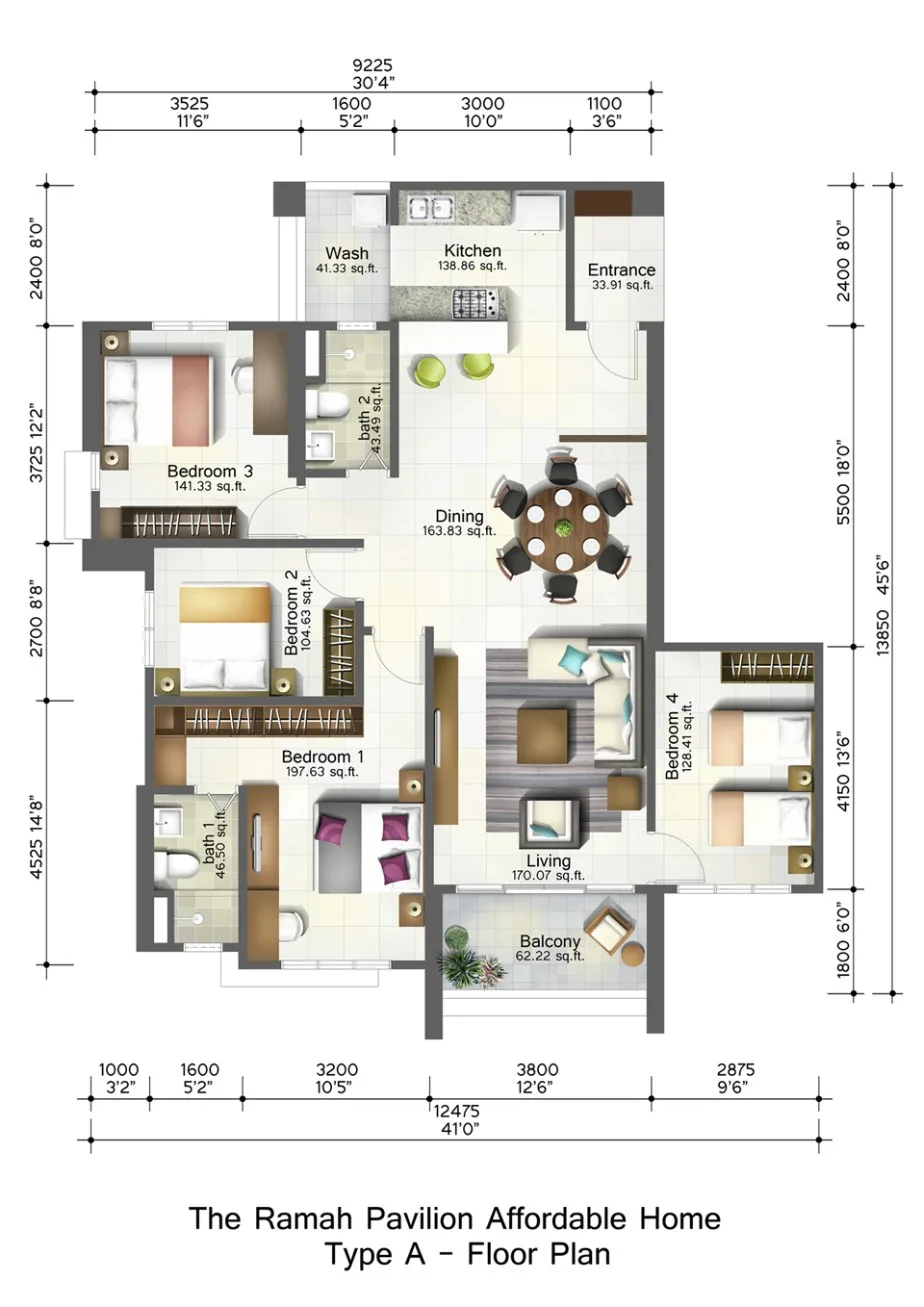 Ramah Pavilion Type A floor plan, 1,350 sq ft, four bedrooms and two bathrooms, Teluk Kumbar, Penang