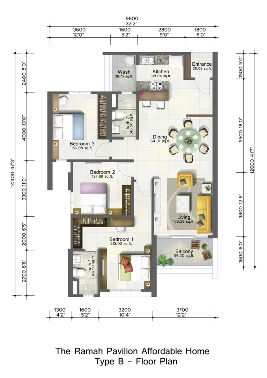 Ramah Pavilion Type B floor plan, 1,250 sq ft, three bedrooms and two bathrooms, Teluk Kumbar, Penang