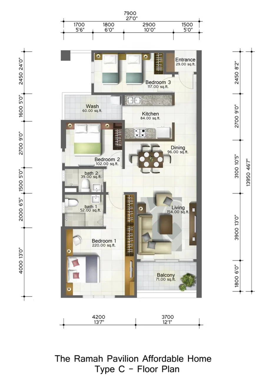 Ramah Pavilion Type C floor plan, 1,150 sq ft, three bedrooms and two bathrooms, Teluk Kumbar, Penang
