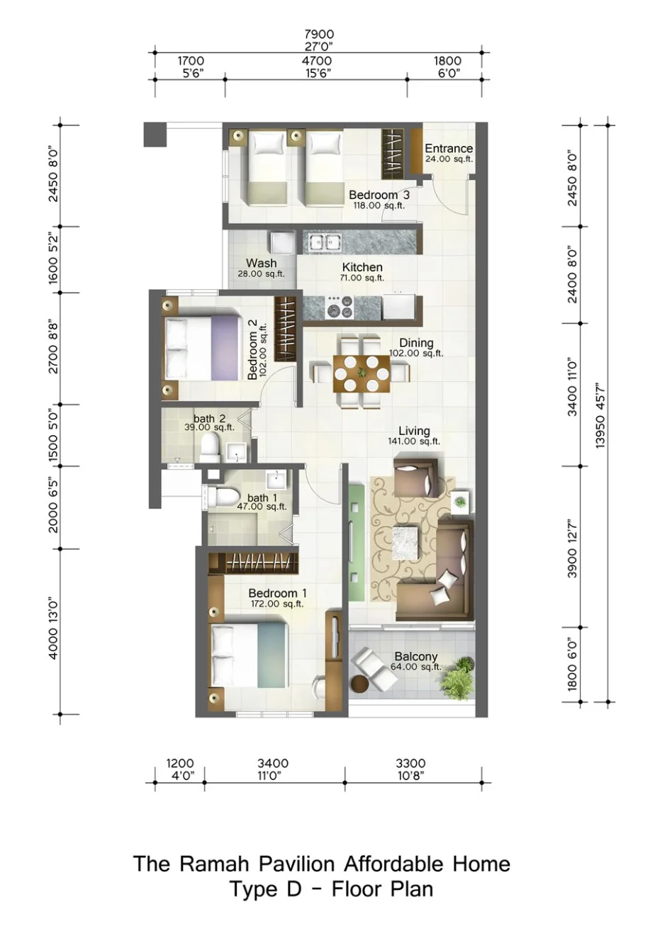 Ramah Pavilion Type D floor plan, 1,050 sq ft, three bedrooms and two bathrooms, Teluk Kumbar, Penang