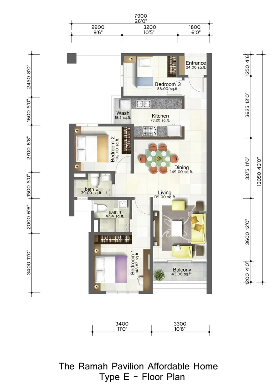 Ramah Pavilion Type E floor plan, 950 sq ft, three bedrooms and two bathrooms, Teluk Kumbar, Penang