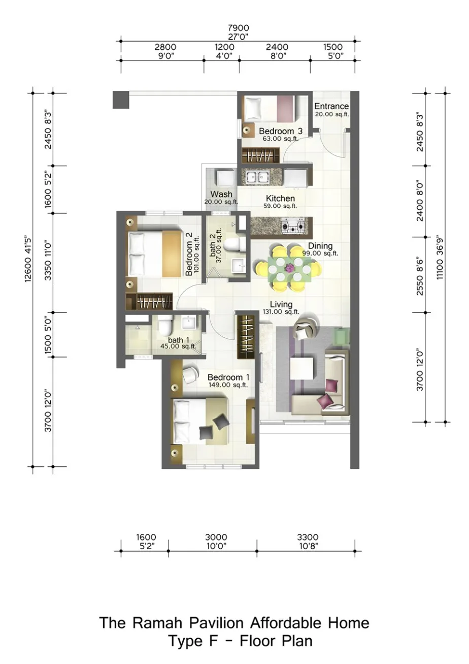 Ramah Pavilion Type F floor plan, 800 sq ft, three bedrooms and two bathrooms, Teluk Kumbar, Penang