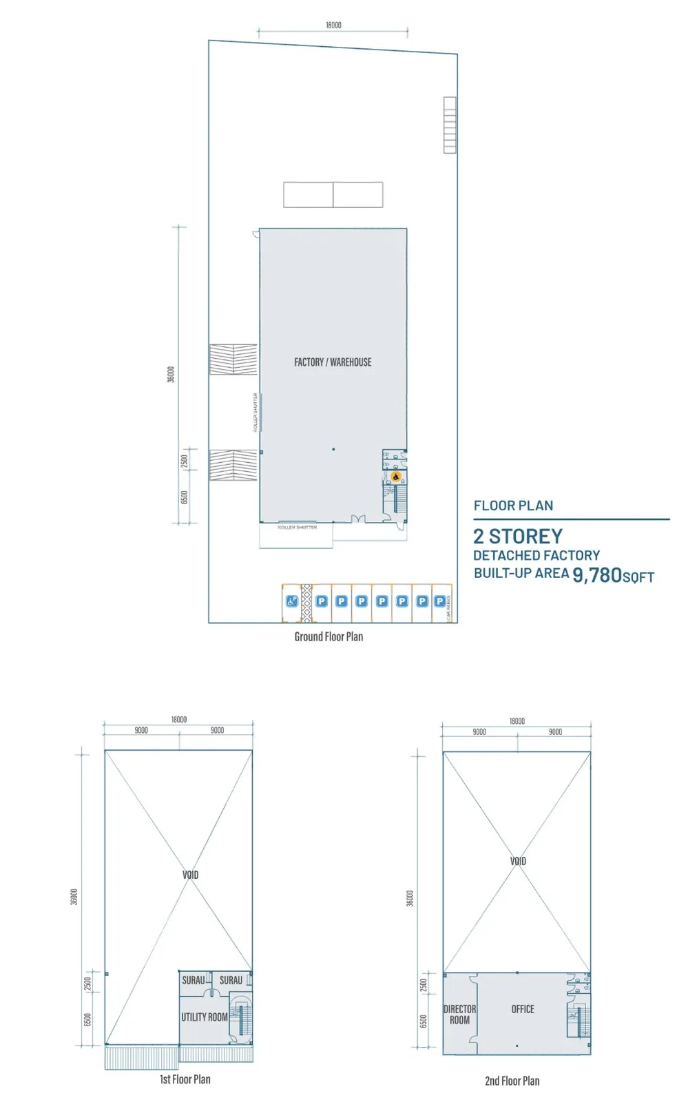 Regalway Industrial Hub 双层独立式厂房平面图，建筑面积 9,780 平方尺，含底层、1 楼与 2 楼