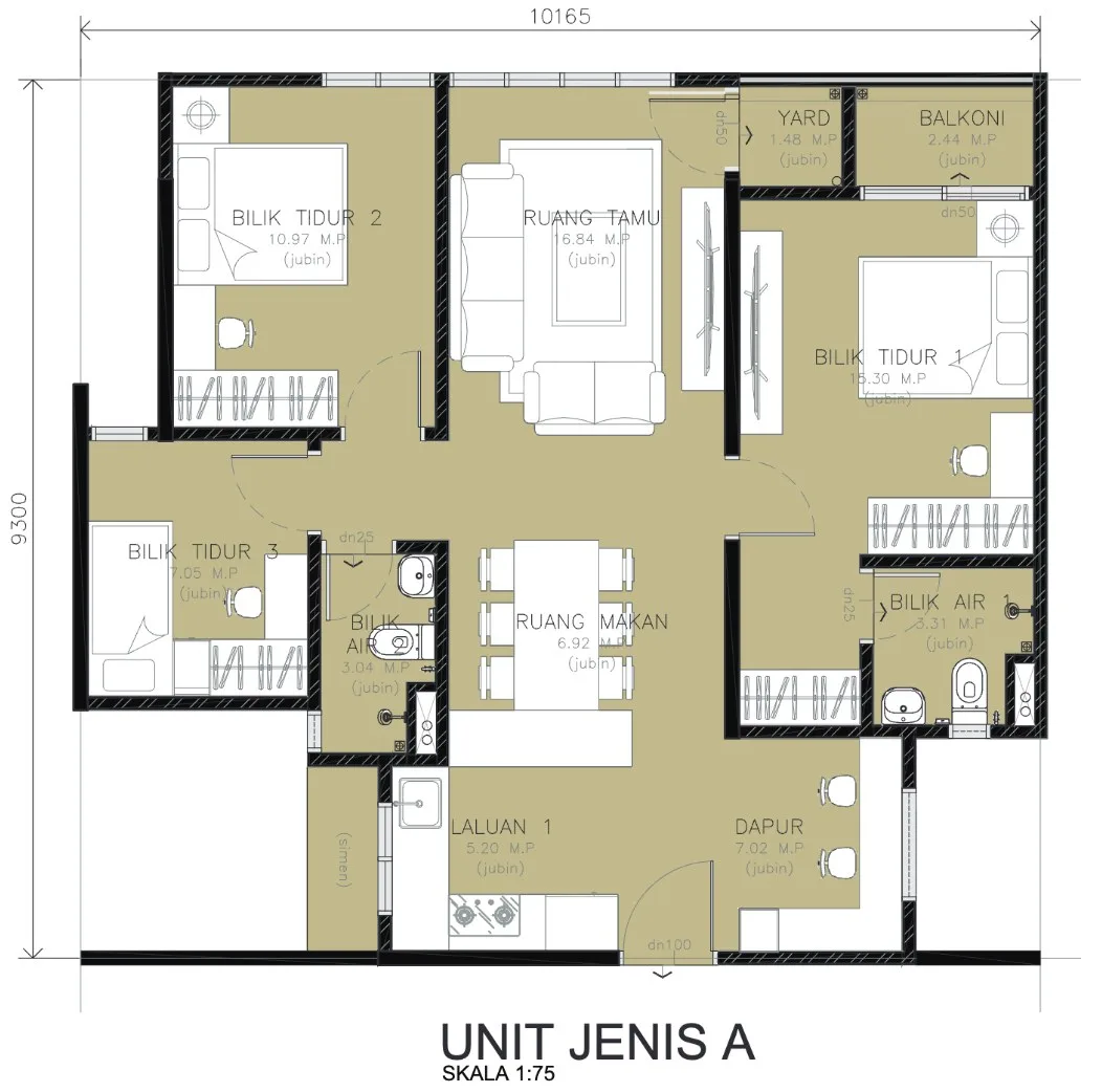 Residensi Rambai Indah A 型户型图——856 平方尺，三房两卫，槟城大山脚