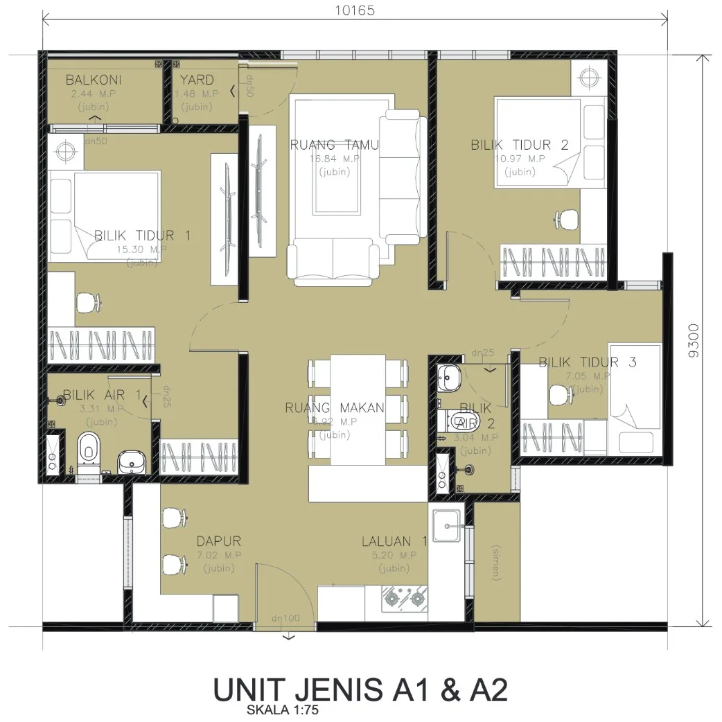 Residensi Rambai Indah A1、A2 型户型图——856 平方尺，三房两卫，槟城大山脚