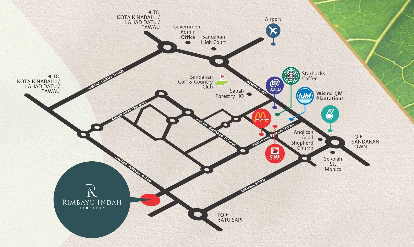 沙巴山打根 Rimbayu Indah Phase 2A 位置图——山打根 Lintas Sibuga Road 旁的 Rimbayu Indah，紧邻 Bandar Utama（发展商手册）